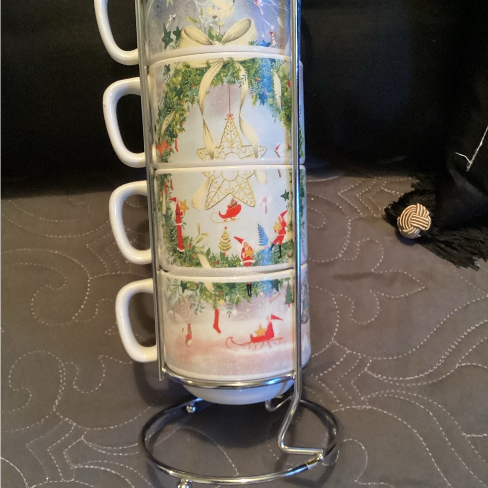 CIB Cypress four expresso  mugs with caddy,., festive holiday Christmas elves,